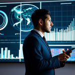 A professional data scientist, fully clothed in a modest business suit, intently analyzing a large, glowing holographic projection of complex data visualizations, including charts, graphs, and patterns. The environment is a modern, sleek data analytics center with sophisticated computer workstations and muted ambient lighting. The focus is on the insightful analysis of customer data, representing the 'data is king' concept. professional photography, high-resolution, perfect anatomy, correct proportions, well-formed hands, proper finger count, natural body proportions, natural pose, safe for work, appropriate content, fully clothed, professional.