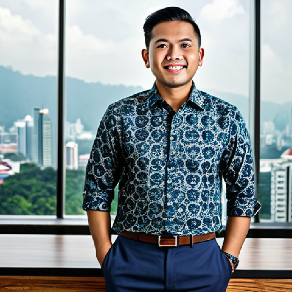 **
"A successful Malaysian entrepreneur in a modern office overlooking Kuala Lumpur, wearing a batik shirt and smart trousers, fully clothed, appropriate attire, safe for work, perfect anatomy, natural proportions, professional photography, high quality, modest."
**