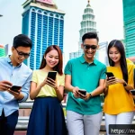 Home 20 하이퍼 퍼스널라이제이션을 위한 고객 세분화 기법 - A diverse group of young Malaysian adults in a modern urban setting, engaging with various digital d...